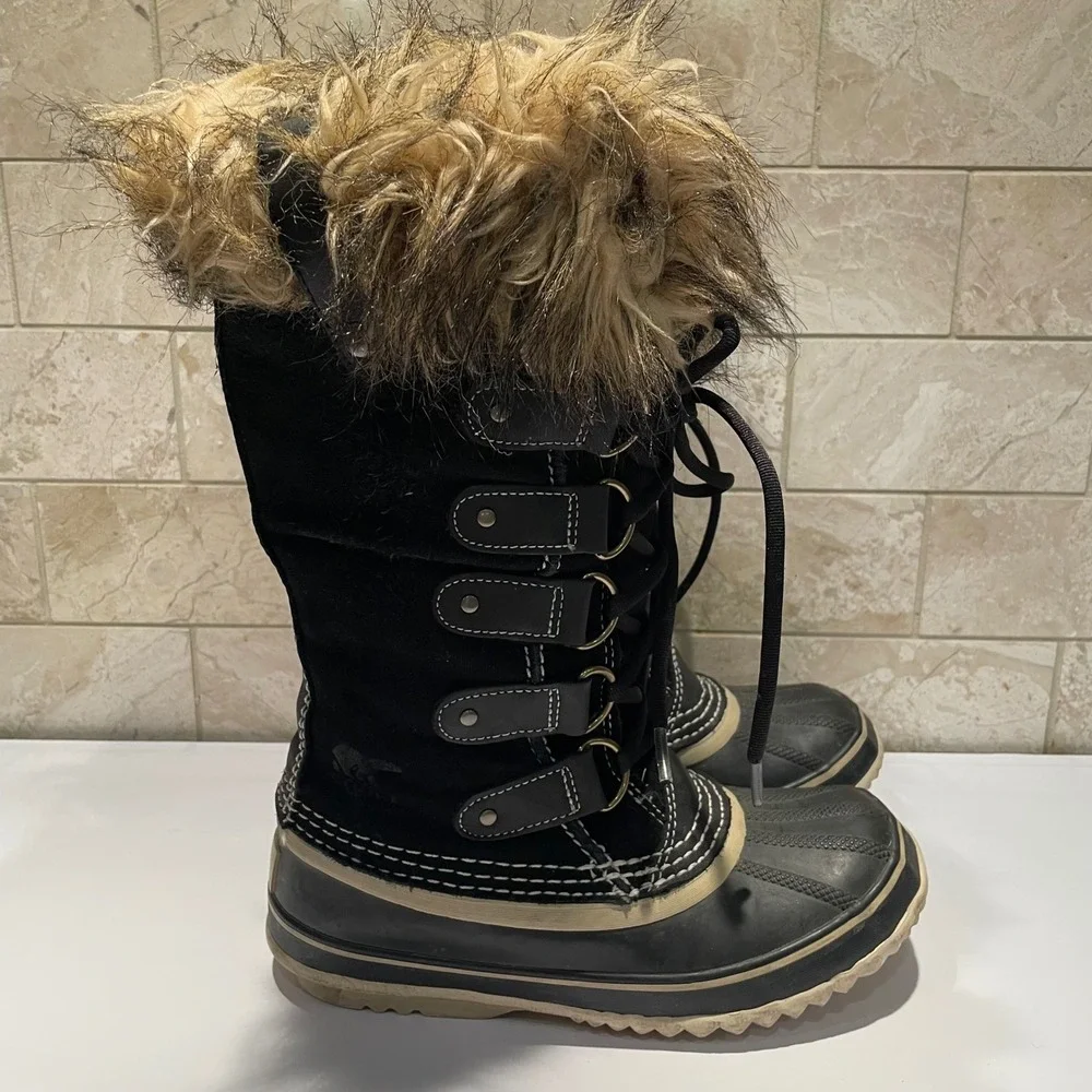 Sorel Joan of Arctic Boots Black Suede Faux Fur Winter Snow NL1540-010 Womens 5‎